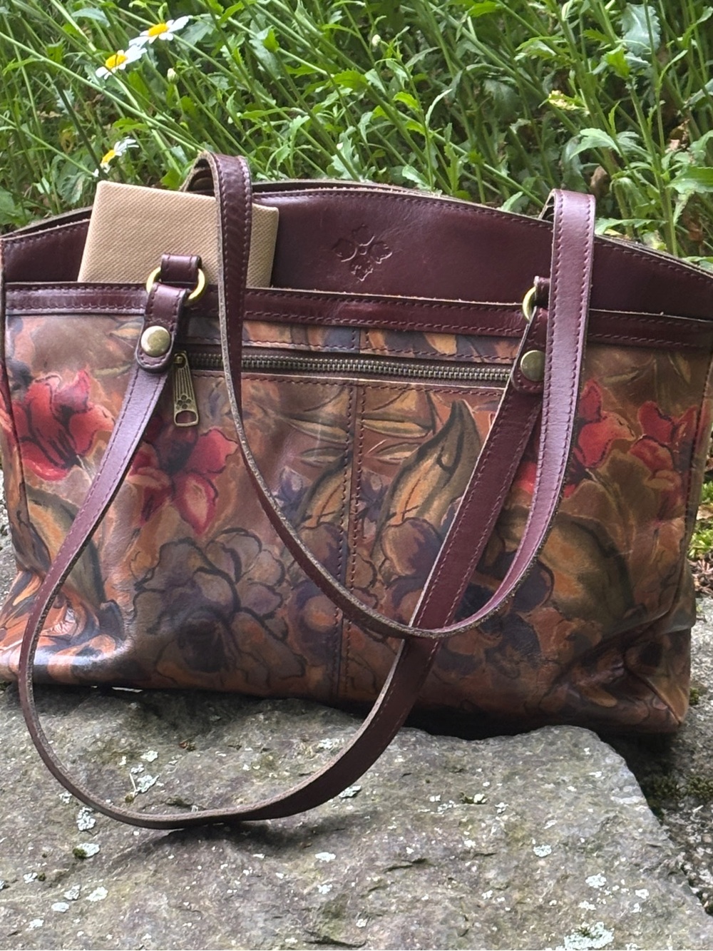 Patricia Nash Floral Leather handbag/Tote Vintage Style Print Brown Multicolored